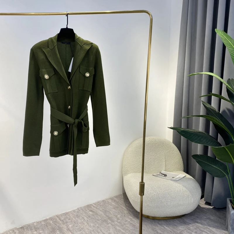 

2021 Autumn Hot Sale Long Sleeve Black Army Green Viscose Knit Pockets Buttoms Cardigans Sashes