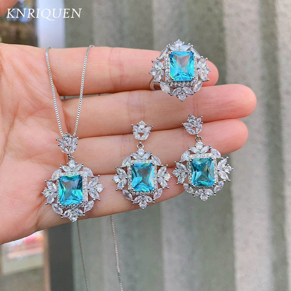 

925 Sterling Silver Wedding Jewelry Sets for Women Vintage 8*10mm Aquamarine Stone Rings/Earrings/Pendant/Necklace Birthday Gift