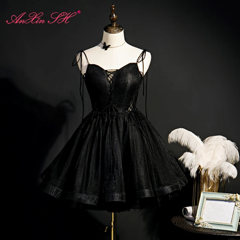 

Роскошное черное кружевное вечернее платье AnXin SH принцессы на тонких бретельках без рукавов с бантом для вечеринки на день рождения маленькое черное платье