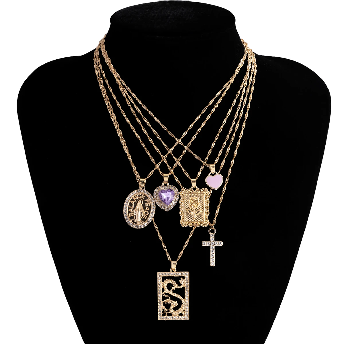 

KunJoe 6 pcs/Set Retro Drange Dragon Pendant Rose Flower Heart Necklace Simple Cross Multilayer Rhinestone Necklaces For Women