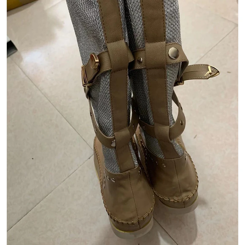 Женские ботинки до середины икры на плоской подошве без шнуровки прогулочная