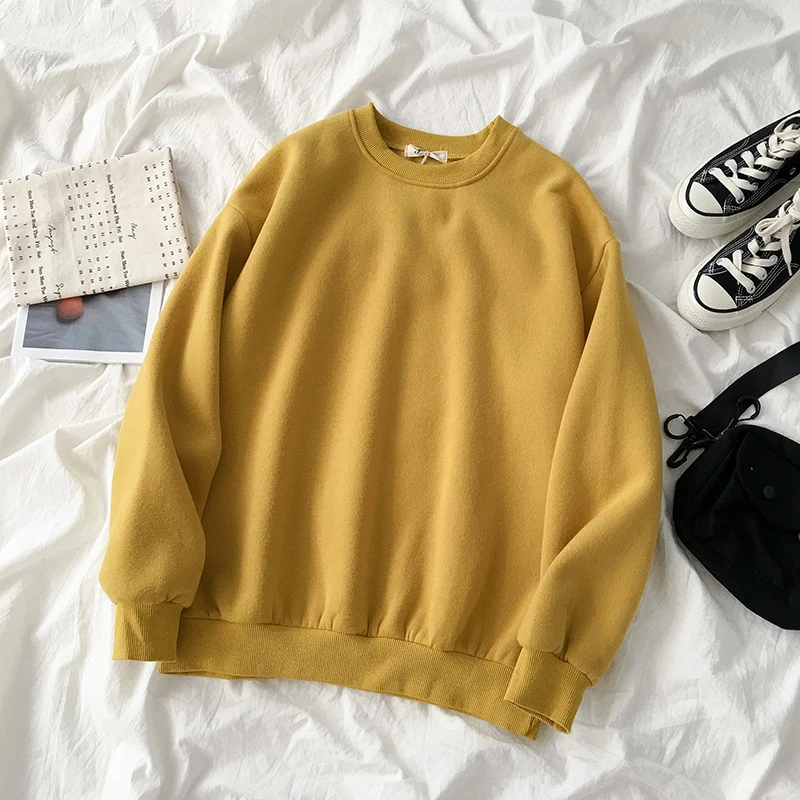 

Women Hoodies Solid Autumn Winter Thick Pullovers 12 Colors Sweatshirts Fashion Korean 2020 Moletom O Neck Loose