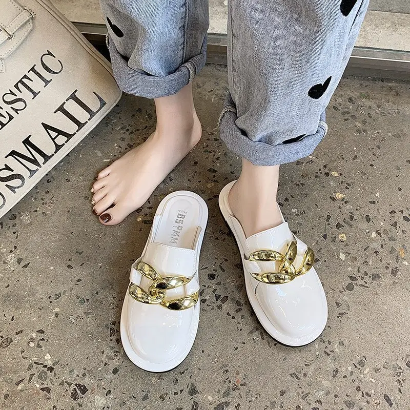 

Mules For Women 2021 Slippers Casual Shoes Low Pantofle Slides Cover Toe Rivet Luxury Flat New Basic Spring Patent Leather Rubbe