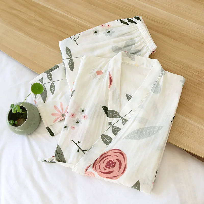 2023 new Japanese kimono suit pajamas spring and summer ladies cotton three-quarter sleeves big flowers home clothes thin loose