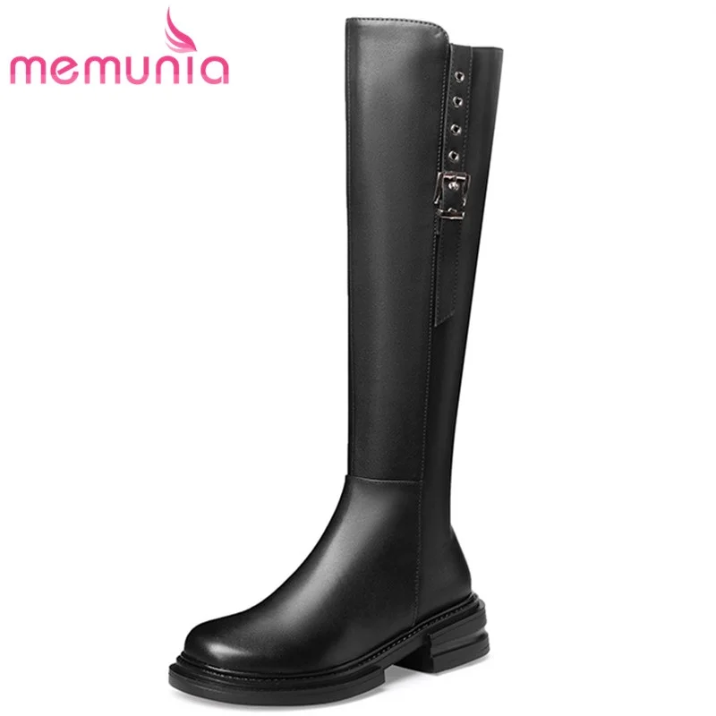 

MEMUNIA Coehide сапоги на молнии на толстом каблуке сапоги до колена на платформе повседневная женская обувь зимняя Удобная Высококачественная об...