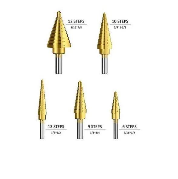 

5X High Speed Steel Titanium Step Cone Drill Bit Automatic Center Punch Kit Step Drill Coated Wood Metal Hole Cutter Drilling