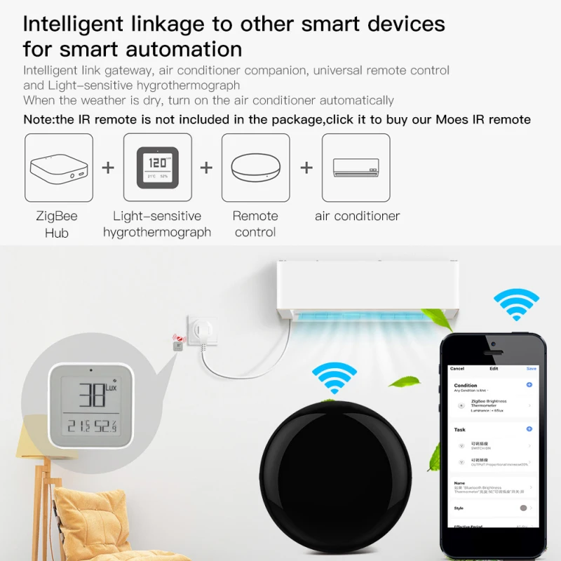 Tuya Zigbee Smart Brightness Thermometer Sensor Real-time Light Sensitive Temperature And Humidity Detector With LED Screen | Электроника