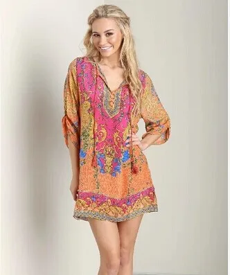 Летнее винтажное женское богемное шифоновое цельное платье с принтом в