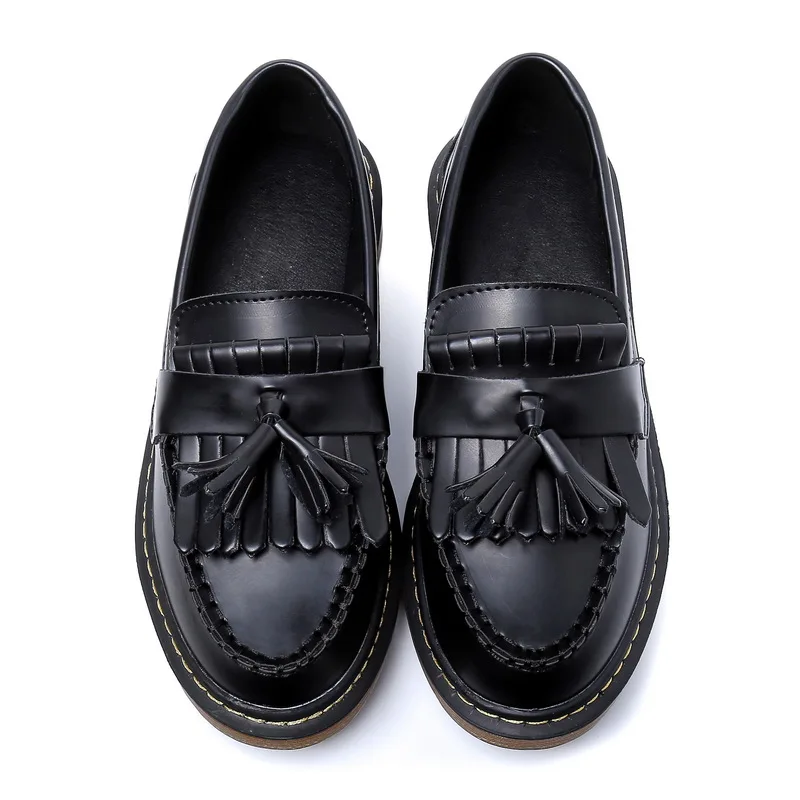 Black Leather Классические женские лоферы с бахромой в стиле ретро; слипоны; женские туфли-оксфорды из мягкой кожи на плоской подошве для женщин; большие размеры 10, 11, 12 - Цвет: Black Leather