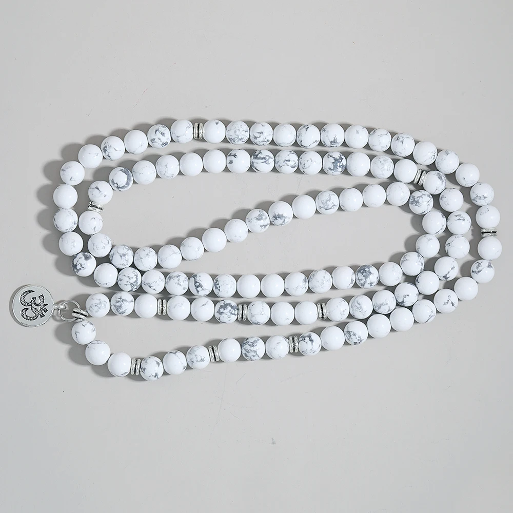 Женский браслет 8 мм белый Howlite с лотосом Ом Будда Шарм Йога мужской 108 мала бусины