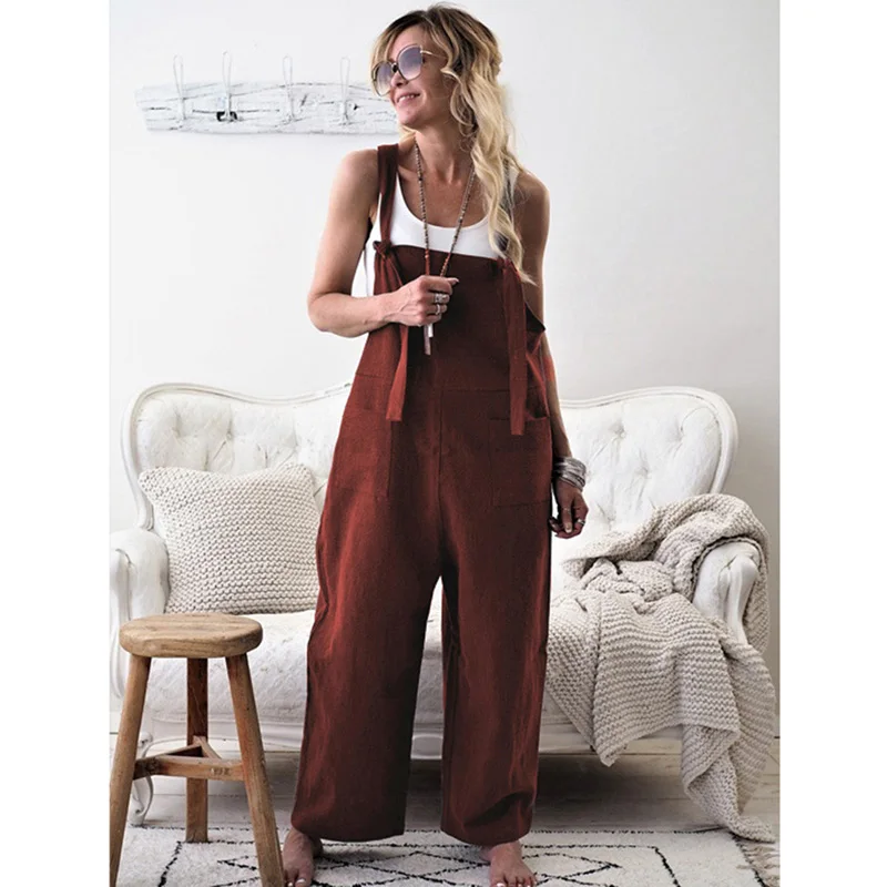 Летние Женские однотонные удобные комбинезоны с широкими штанинами женские