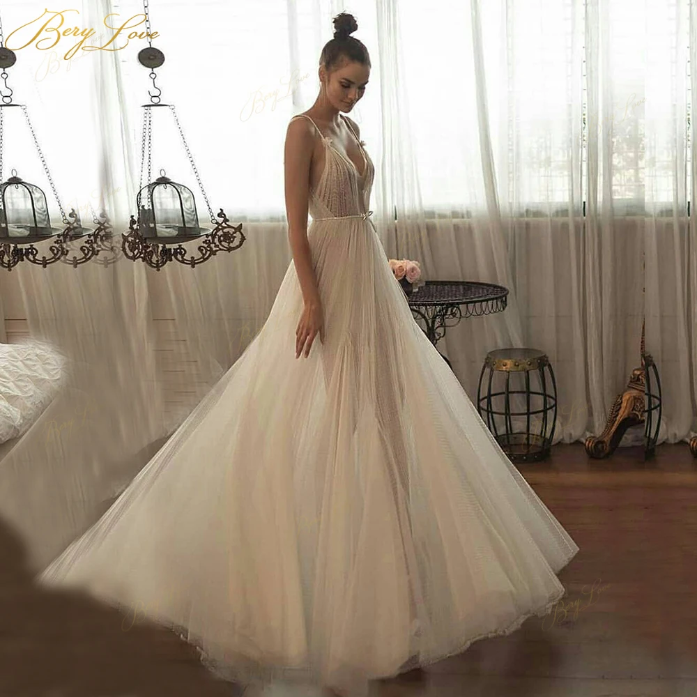 

Slim Wedding Dress 2020 Bead Crumple Tulle Skirt Sweetheart Long Wedding Gown Beach A line Illusion Women Bridal Dress Marriage