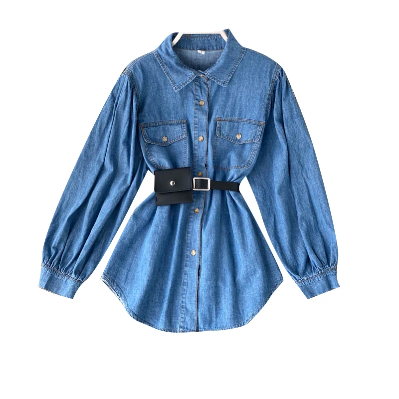 

2020 Spring and Autumn New Long-Sleeved Jeans Coat Women's All-match Blue Denim Shirt Loose Top with Belt Fashion Girls