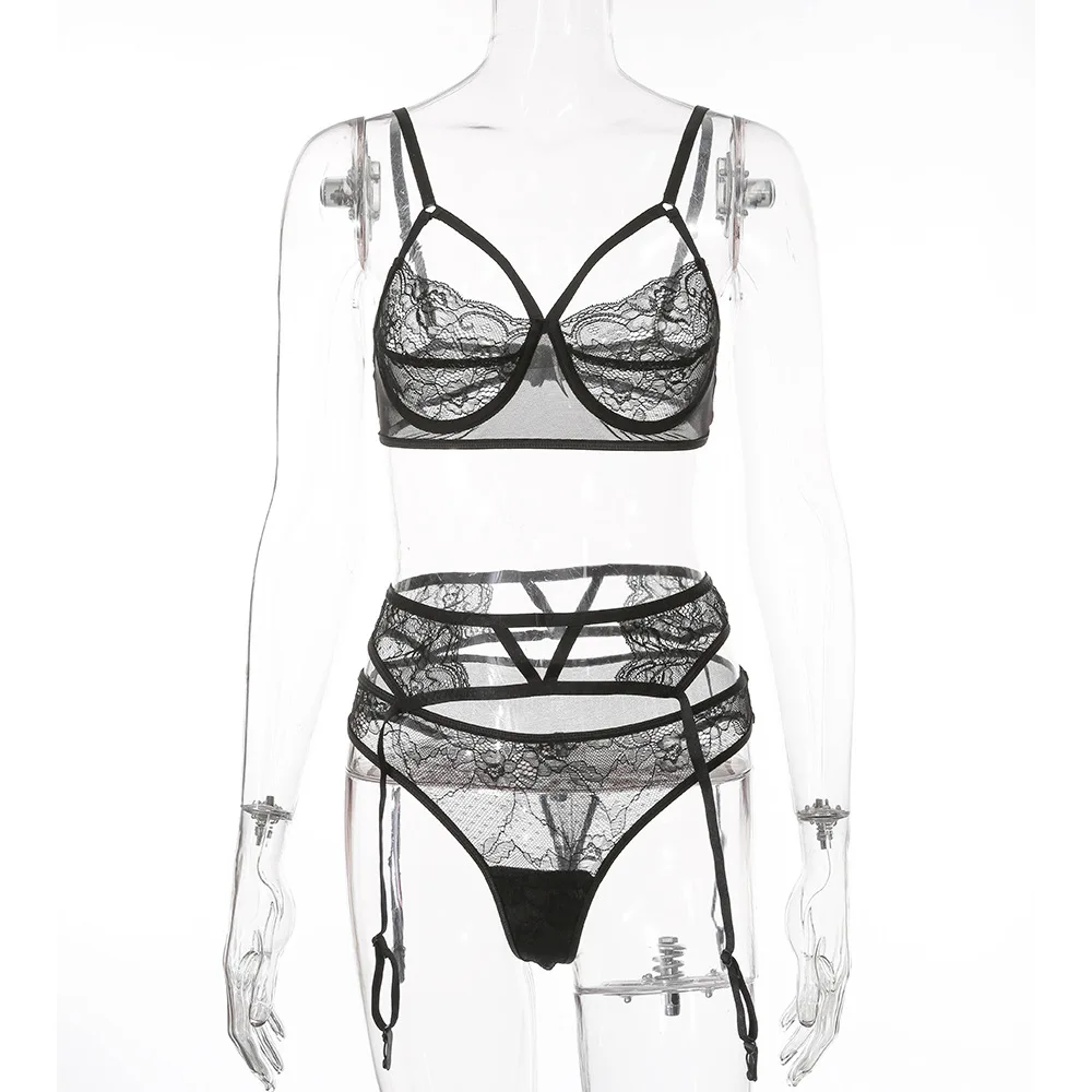 

3 Piece Women Sexy Lingerie set Lace Garter stocking clip Exotic Bandage Nightwear Sheer Underwear G-string hollow Transparent