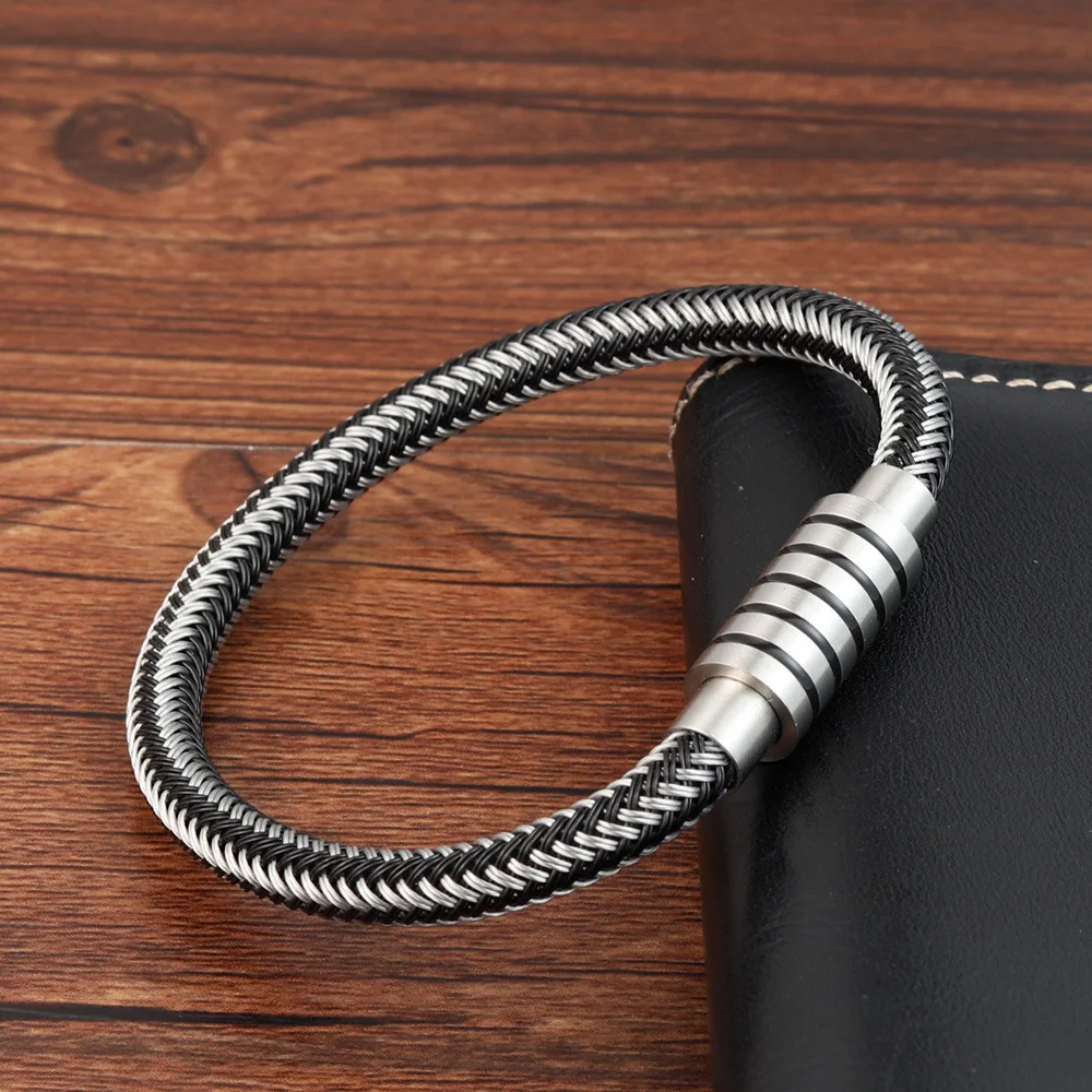 New Punk Black and White Braided Steel Wire Bracelet Magnetic Buckle Simple Style Fashion Wristband Men Stainless | Украшения и
