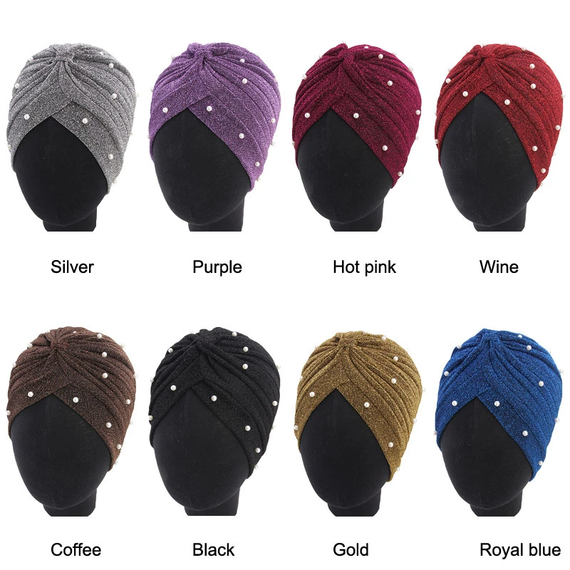 

Women Muslim Hat Hijab Bling Silver Gold Knot Twist Pearls Beaded Head Wrap Indian Cap Autumn Winter Casual Female Hat Headwear