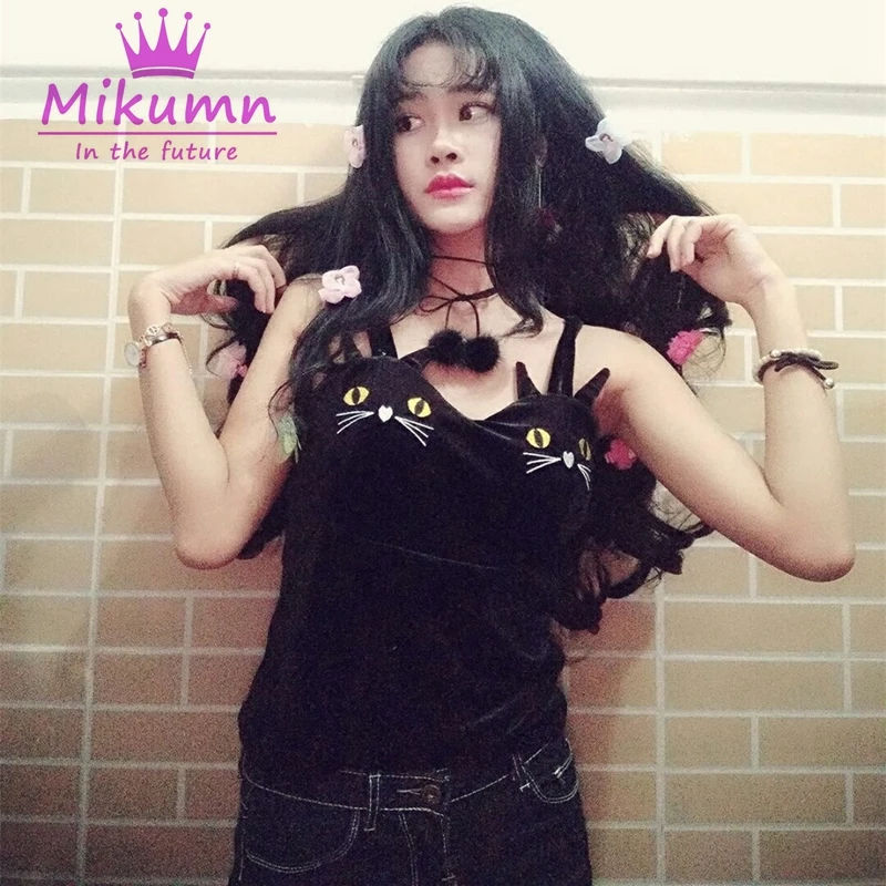 Женский бархатный топ с вышивкой в виде кошки без рукавов|Майки| |