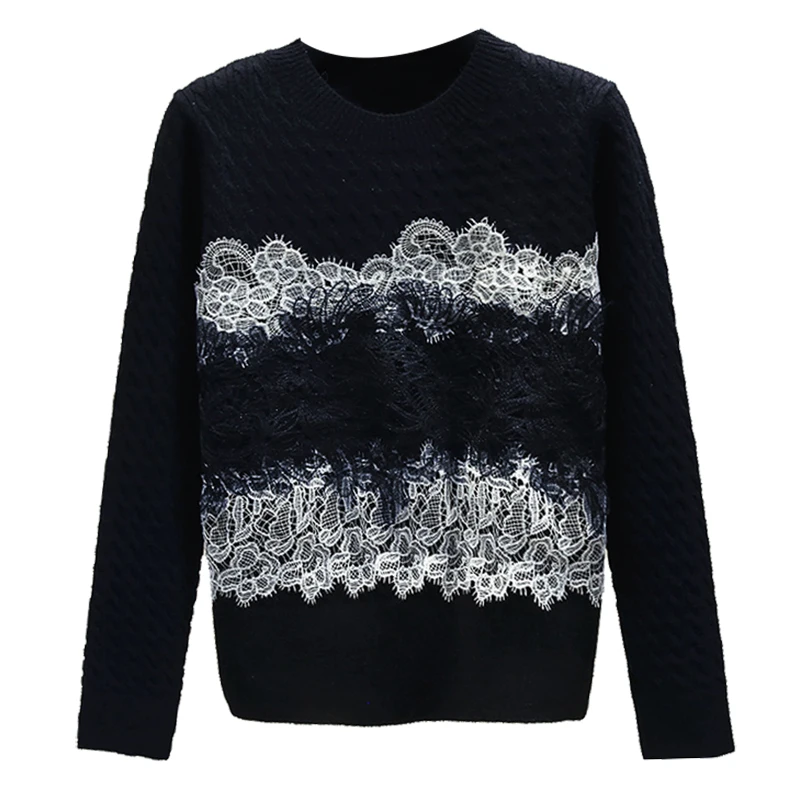 

2019 Fall Winter Knitted Pullover Shirt Female Lace Stitching Sweater Women's Loose Outerwear Knitting Coat Students Sweaters