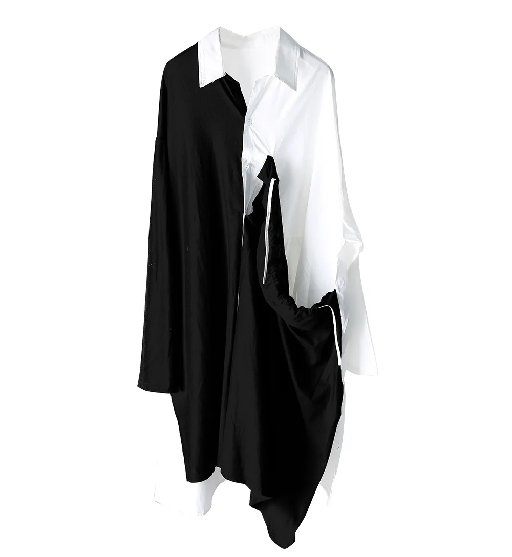 

TVVOVVIN Women's 2021 Spring New Fashion Irregular Spliced Contrast Shirt Lapel Long Sleeve Mid-length Blouse S8SF