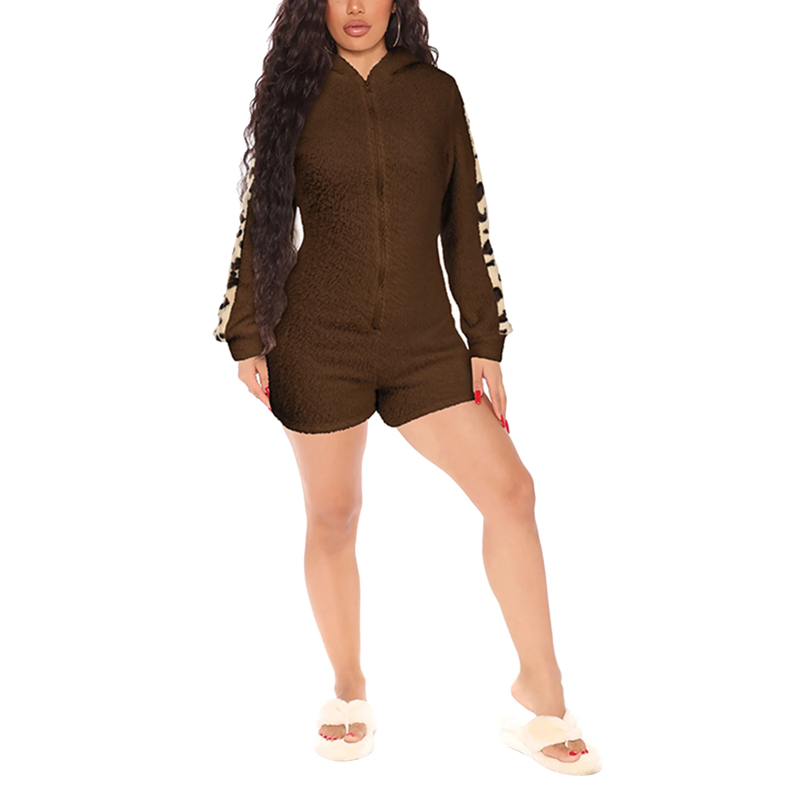 

Women's Fuzzy Shorts Romper Leopard Long Sleeve Zip Up Hooded Shorts Sexy V-neck Ladies Skinny Short Pants Homewear