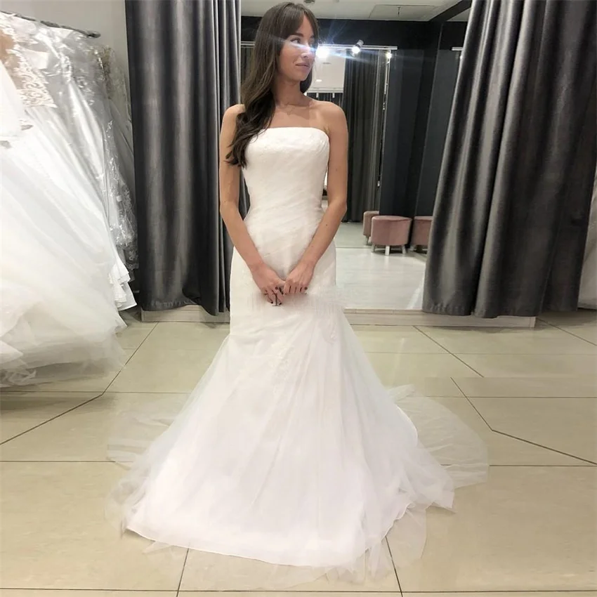 

New arrival Romantic Mermaid Wedding Dresses Strapless Sweep Train Lace-up Garden Bridal Gowns Tulle Customized Wedding Dress