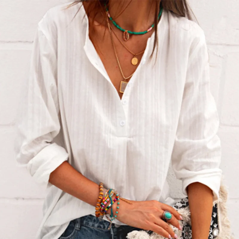 

Striped Cotton Linen Women Blouses V neck Long Sleeve Woman Blouses Tops 2021 Summer Casual Office Lady Loose Fashion Clothes