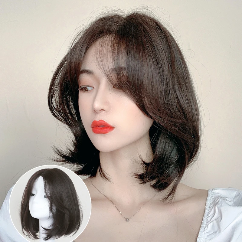 

LANLNA short BOBO wig natural black /dark brown hair human hair inner buckle pear flower roll BOBO wig for white women.