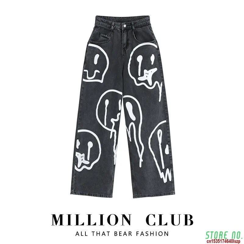 

Джинсы мужские и женские с принтом граффити, свободные брюки с широкими штанинами для ленивых пар, красные сетчатые тренды, весна-осень 2021