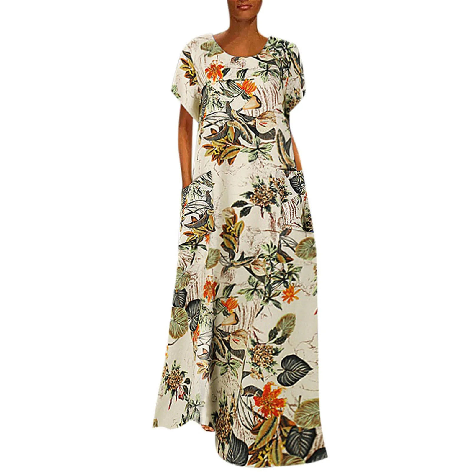 Женское длинное платье с круглым вырезом коротким рукавом и цветочным принтом |
