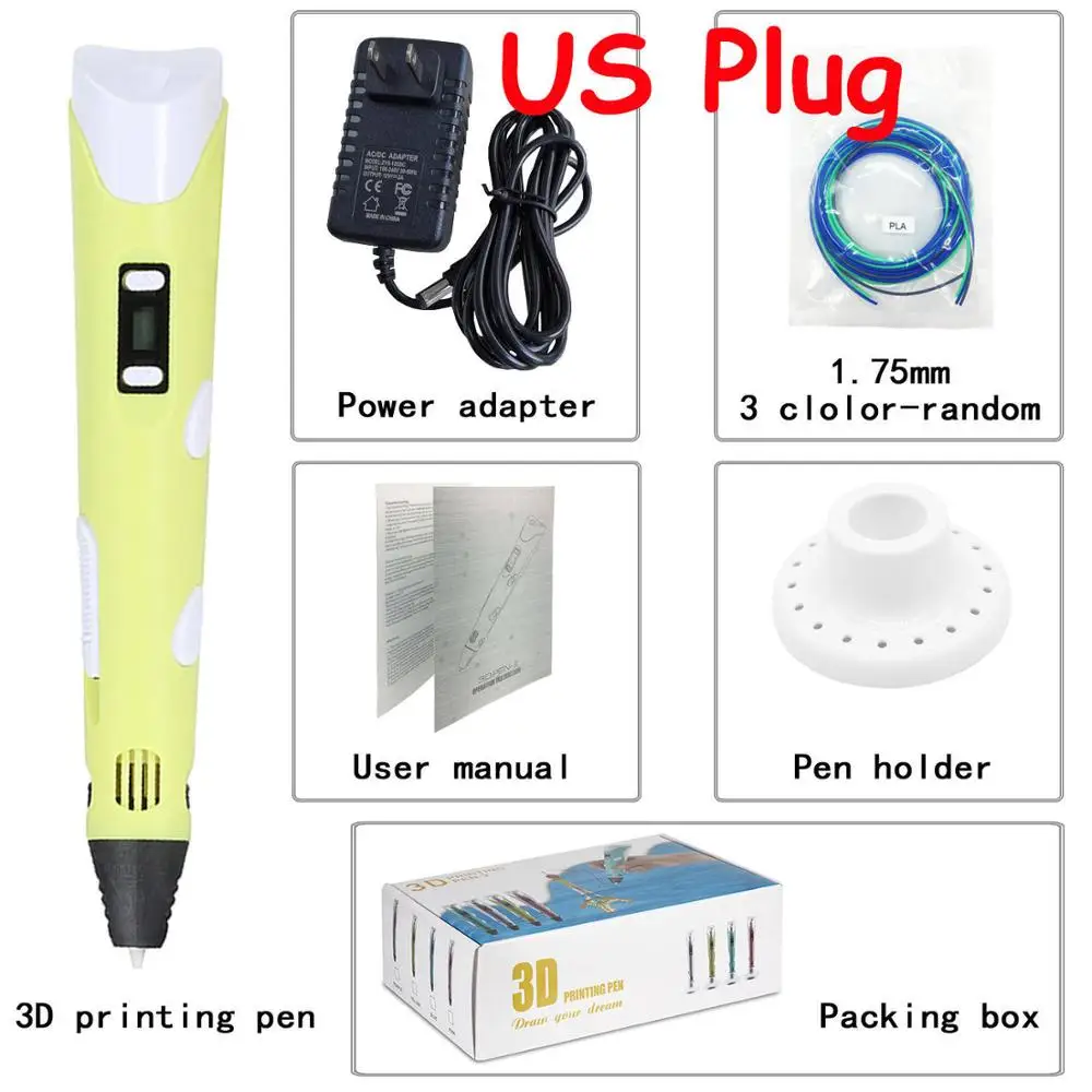 Yellow US EU/UK/US/AU Plug 3D Ручка для печати 1,75 мм PLA/ABS умные 3D ручки для рисования детские игрушки для рисования Детские Картины Сделай Сам ручка подарки - Цвет: Yellow US