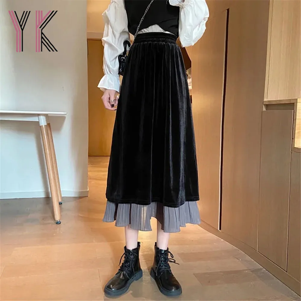 

Ruffles Hem Stitching Velvet Black Midi Skirts Loose Elastic Band Harajuku Autumn Winter Warm Sukienka Korean Lined A-Line Saia