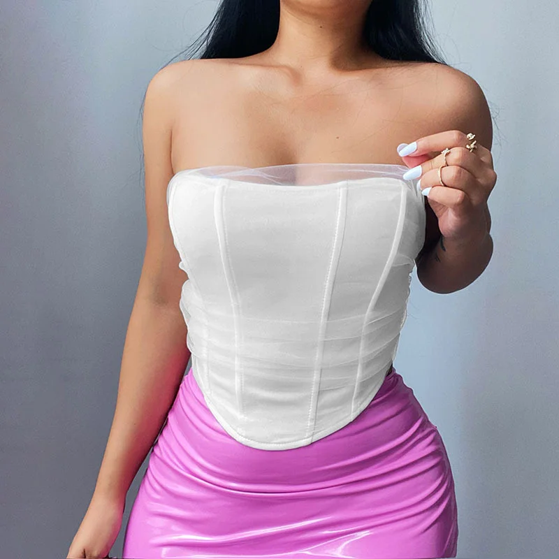 

WLLWLP White Mesh Fishbone Zipper Chest Wrapped Women's 2021 New Solid Color Sexy Off Shoulder Tube Top A463