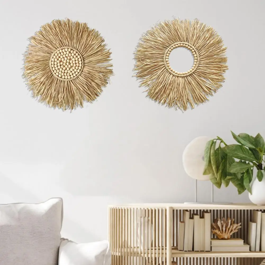 

Wall Hanging Wall-mounted Handcrafted Round Handmade Mirror Wood Beads Ornament Home Office Decor