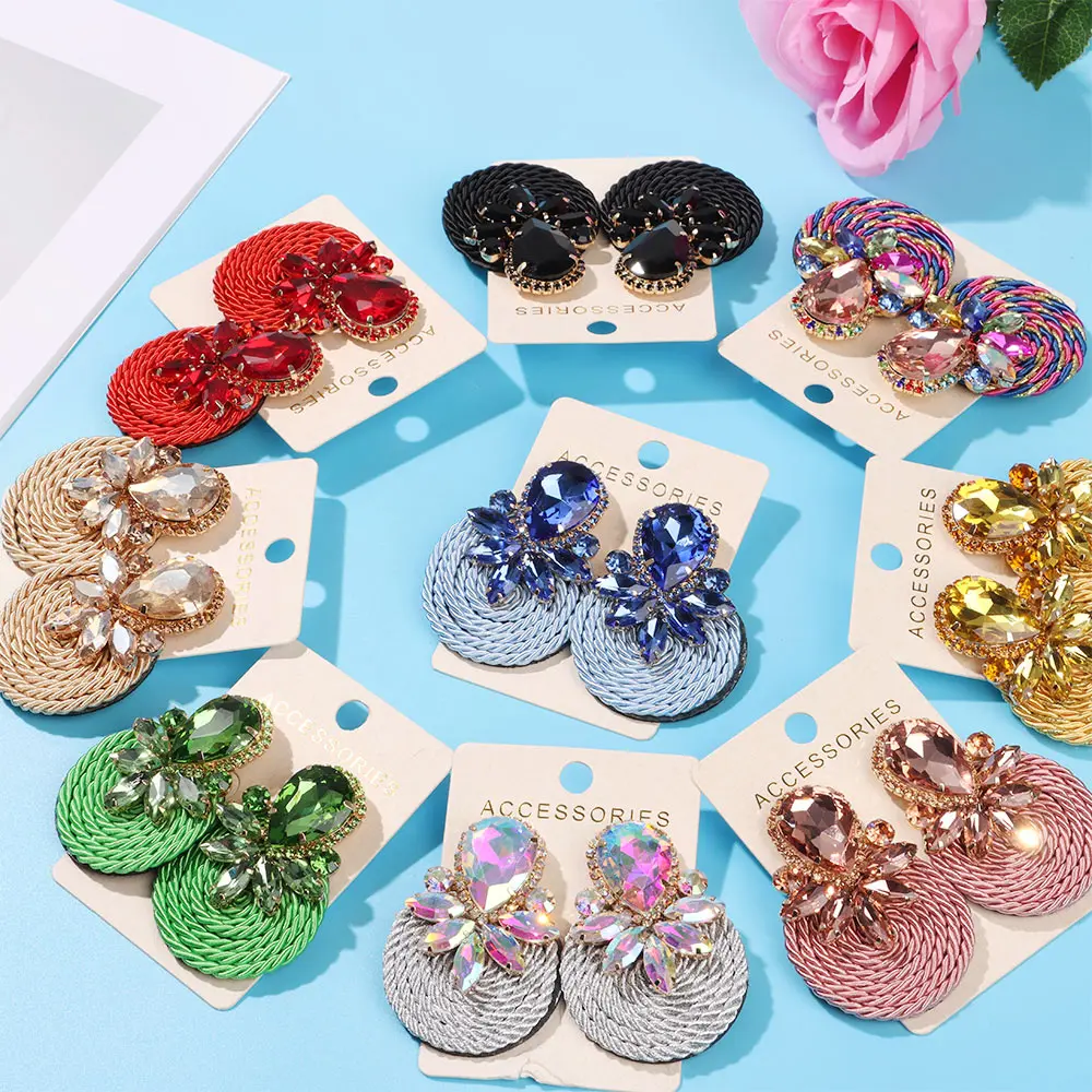 

Retro Round Crystal Woven Earrings Women Colorful Rhinestone Ear Studs