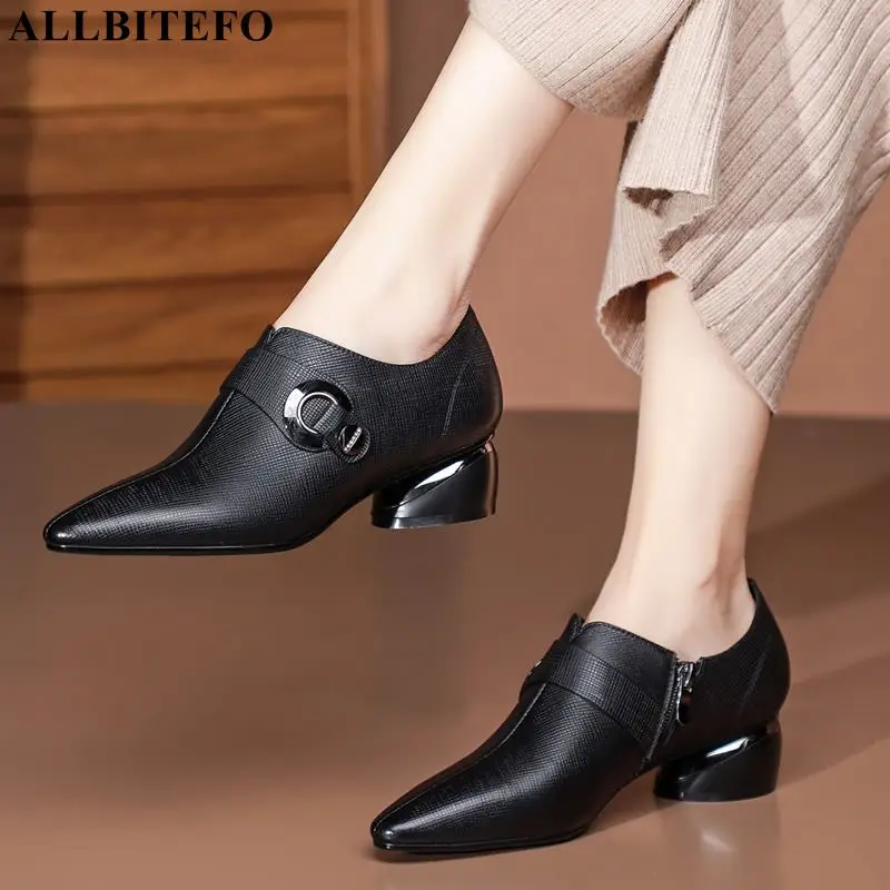 

ALLBITEFO pointed toe fashion genuine leather women heels shoes women pumps high heel shoes basic shoes Talons hauts femme
