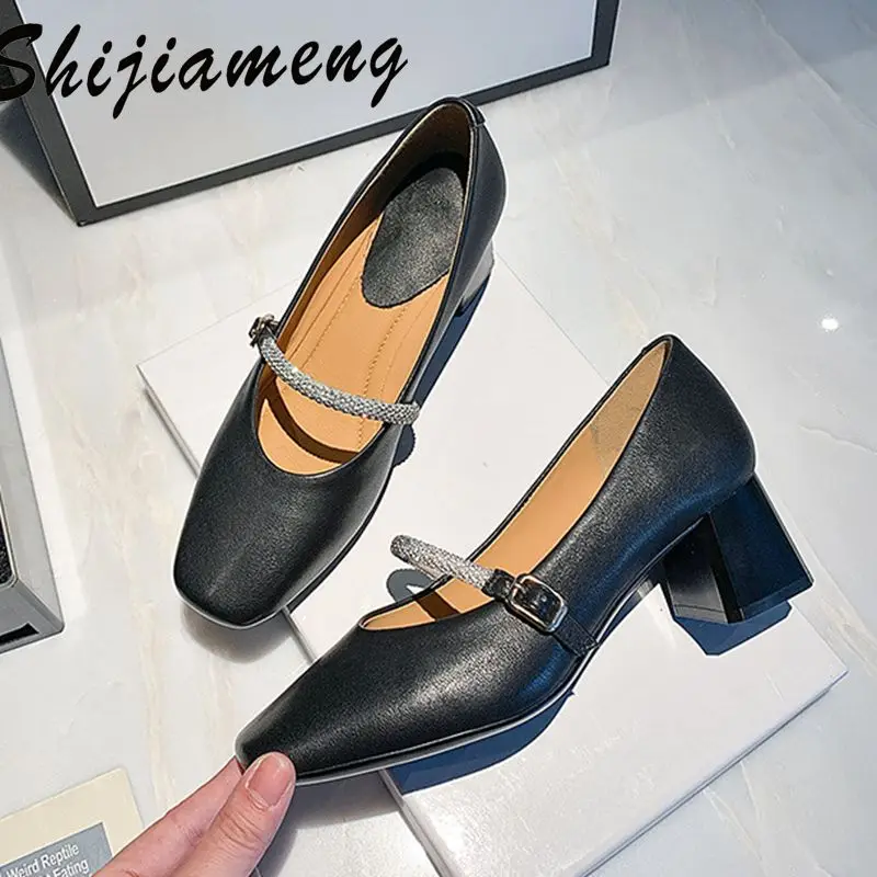 

New thick heel square head single shoe women's head leather one button fashion Lefu shoes in spring 2021