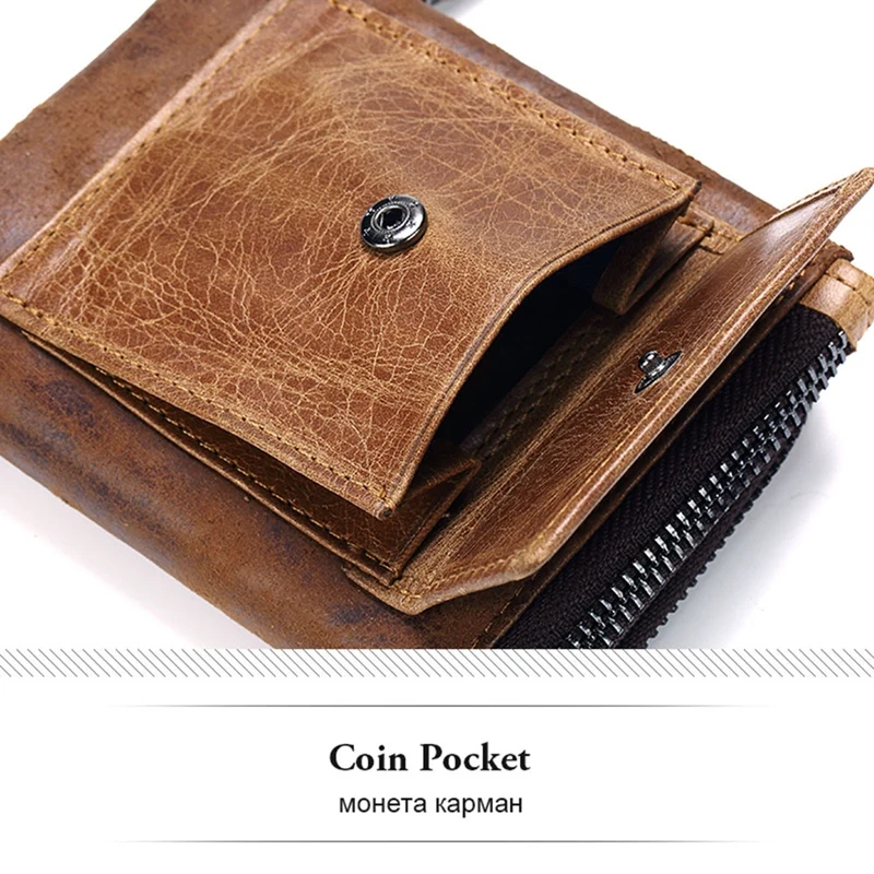 

ABDB-Gzcz Genuine Leather Men Wallet Fashion Coin Purse Card Holder Small Wallet Men Male Clutch Zipper Clamp For Money(Brown)