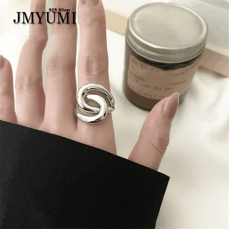

JMYUMI 925 Sterling Silver Korean Twisted Cross Hollow Ring Opening Female Minimalist Fashion Smooth Temperament Jewelry Gift
