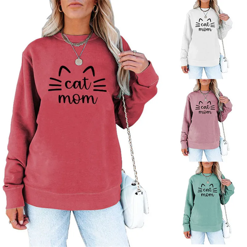 Autumn and winter cute round neck sweater casual cat mom print long-sleeved pullover modern street women's jacket