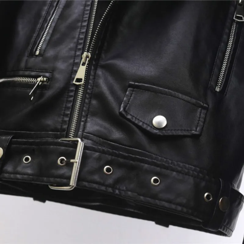 

2020 autumn and winter new women's European and American pu jacket short lapel slim locomotive leather jacket with belt women