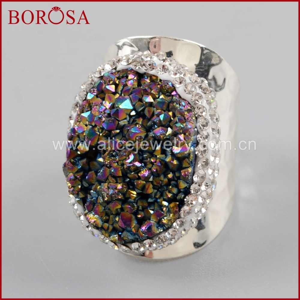 Бренд BOROSA Радужный дизайн натуральные Агаты Druzy кольцо для женщин посеребренные