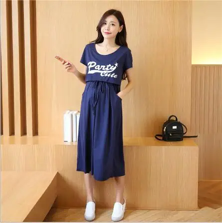 Envsoll платье для беременных; костюм из двух предметов для грудного вскармливания; одежда с короткими рукавами для беременных женщин; Длинная Корейская юбка; w07 - Цвет: Синий