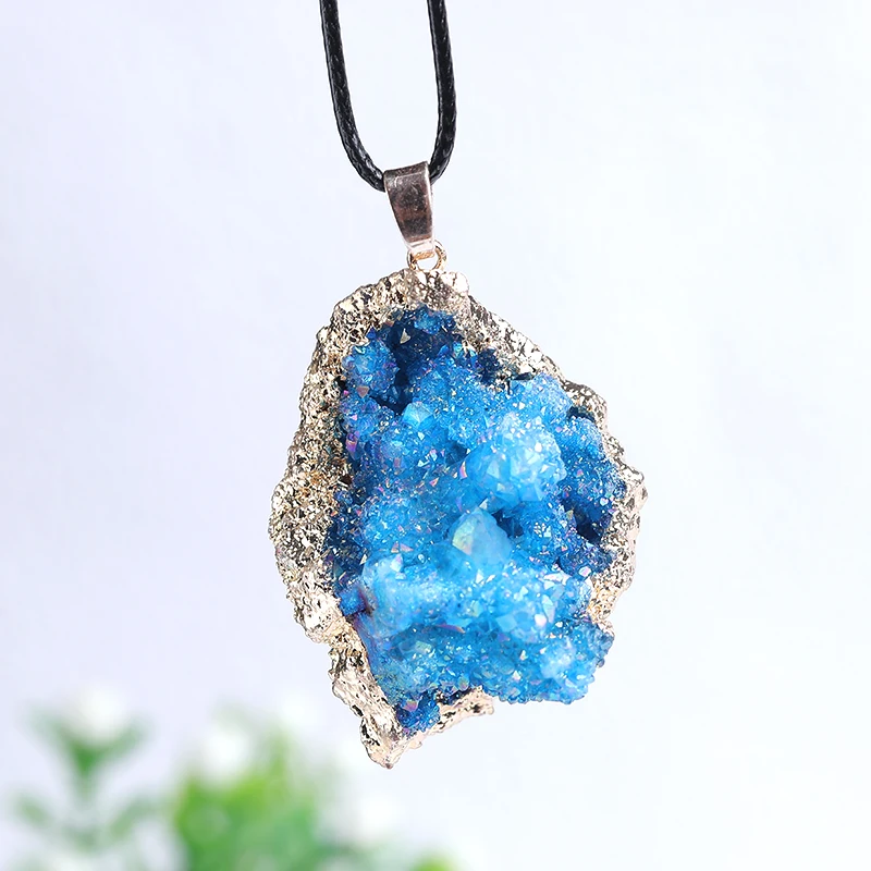 

1PC Natural Crystal Pendant Necklace Raw Electroplate Colourful Crystal Cluster Pendant Healing Stones Specimen Home Decor Gifts