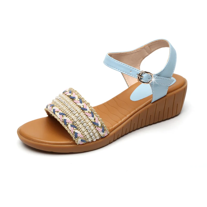 

Beading Women's Sandals Real Leather Leisure Wedged Shoes Comfortable Straw Female Sandals