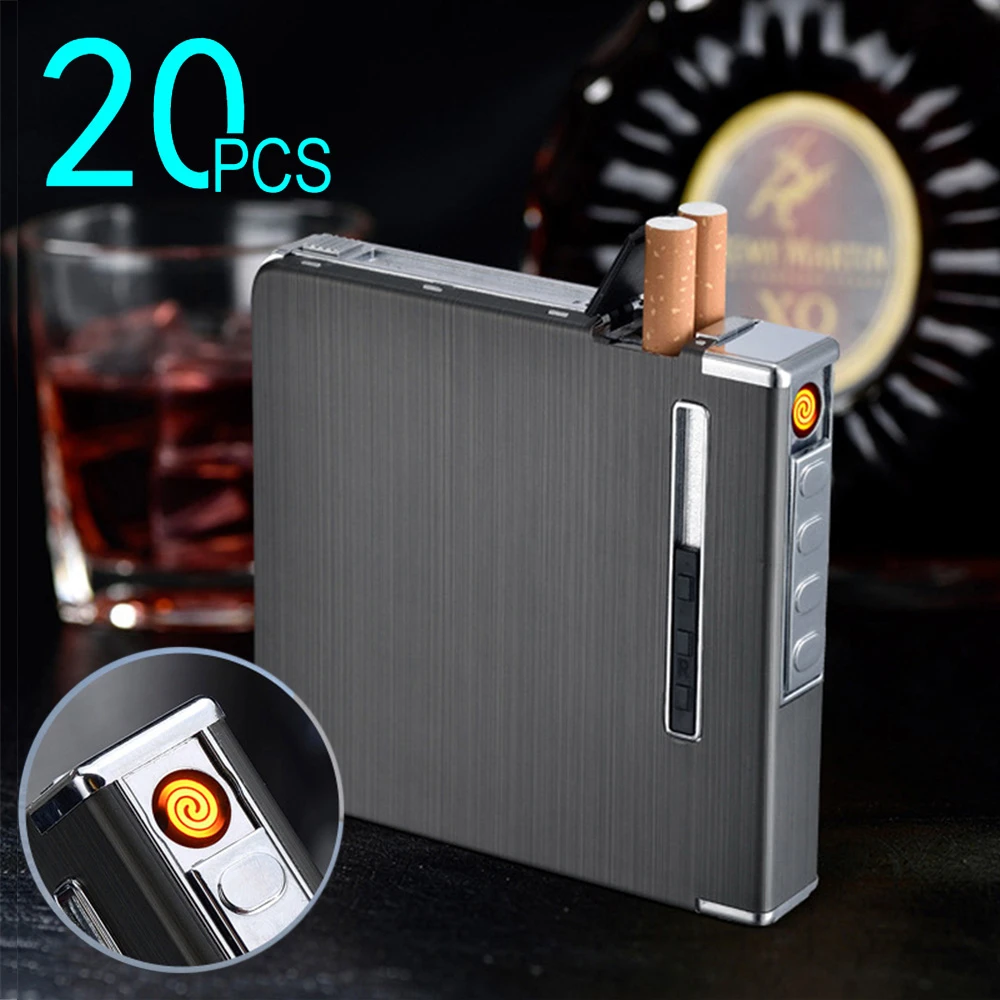 

Portable Automatic Cigarette Case With Lighter 20Pcs Capacity Metal Cigarette Boxes Windproof USB Charging Box Cigarette Holder