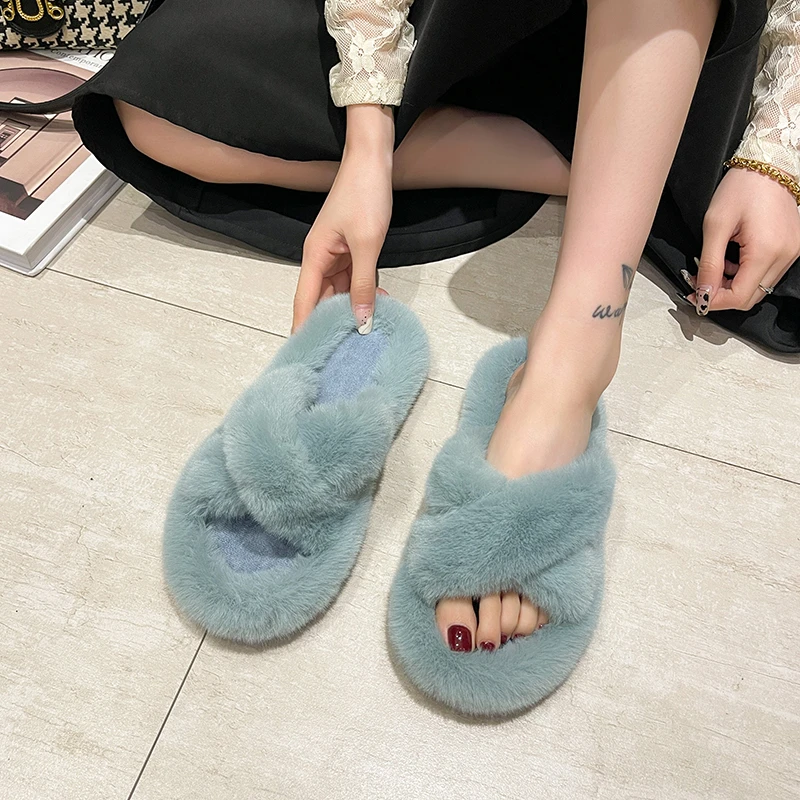 

Women Home Slippers Winter Warm Shoes Woman Slip on Flats Slides Female Faux Fur Slippers 36-43 wholesale Slippers