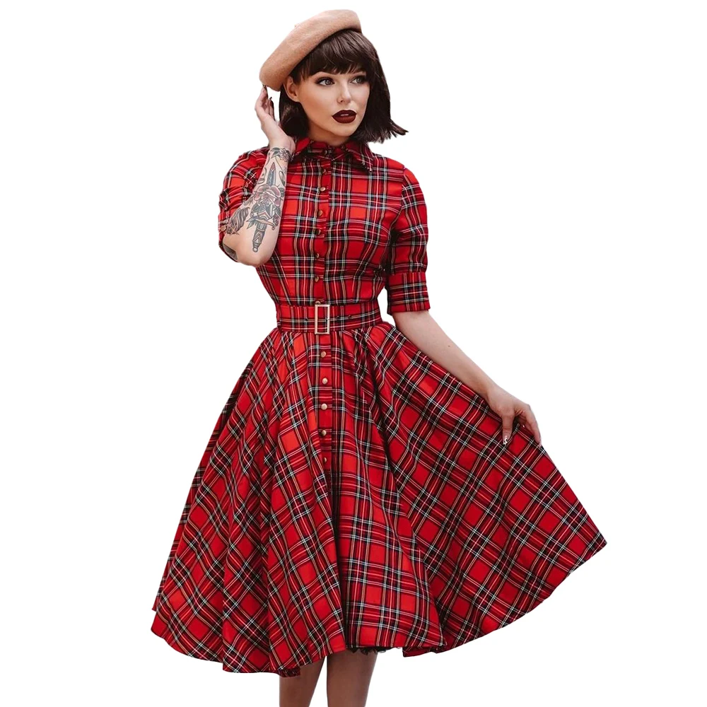 

Summer Womens Red Plaid Belt Dresses England Retro Vintage 60S Robe Rockabilly Swing Pinup Vestidos Valentines Day Party Dress