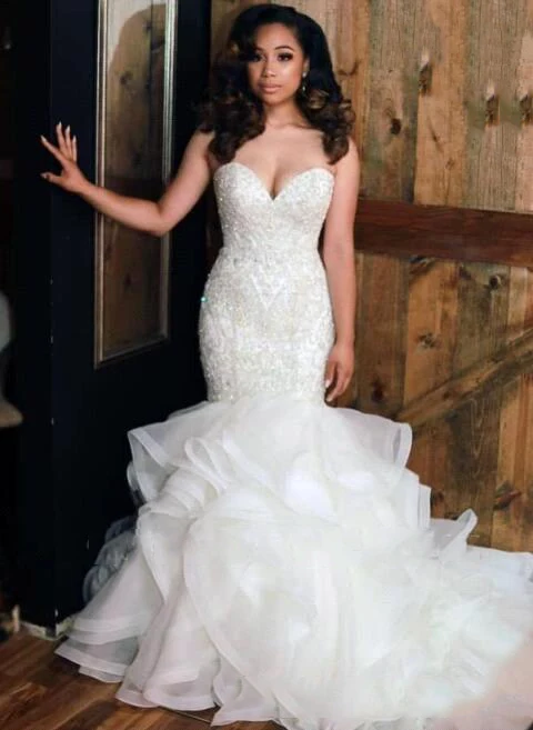 

Hot African Sweetheart Mermaid Wedding Dresses Bead Stones Top Layered Ruffles Plus Size Wedding Bridal Gowns Vestido De Noiva