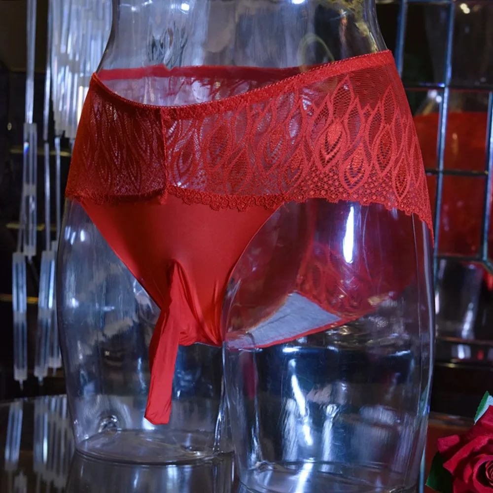 

Open Peni Sleeve Men Sexy Lace Ice Silk Thin Shiny Sexy Thong Low Waist Seamless Briefs Underwear Sissy Panties Sexy Lingerie