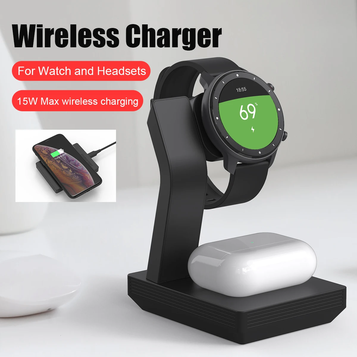 

SIKAI 15W Fast Wireless Charger Phone Watch Stand Removable for Amazfit GTR2 GTR 2e GTS2 GTS2 mini GTS 2e Zeep E/Z Bip U Pro